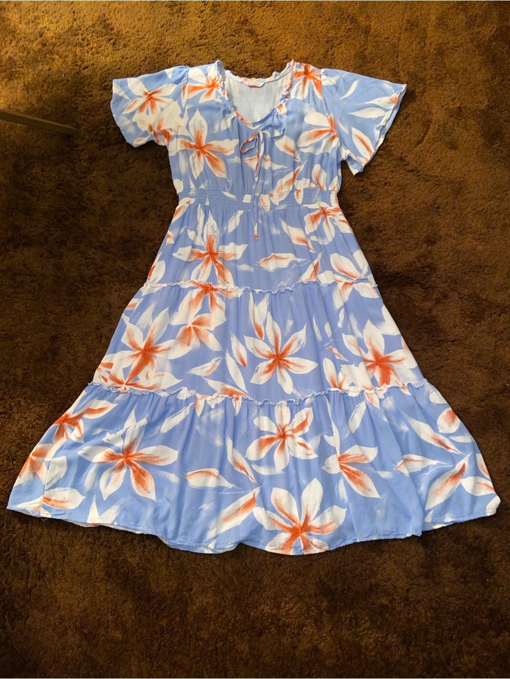 Kirundo Light Blue Floral Tiered Maxi Dress with Orange Accents